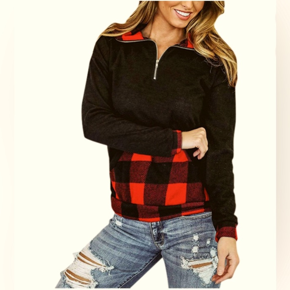 Glitzy Girl Long Sleeve Plaid Patchwork Pocket Zip Pullover Blouse |Size Large